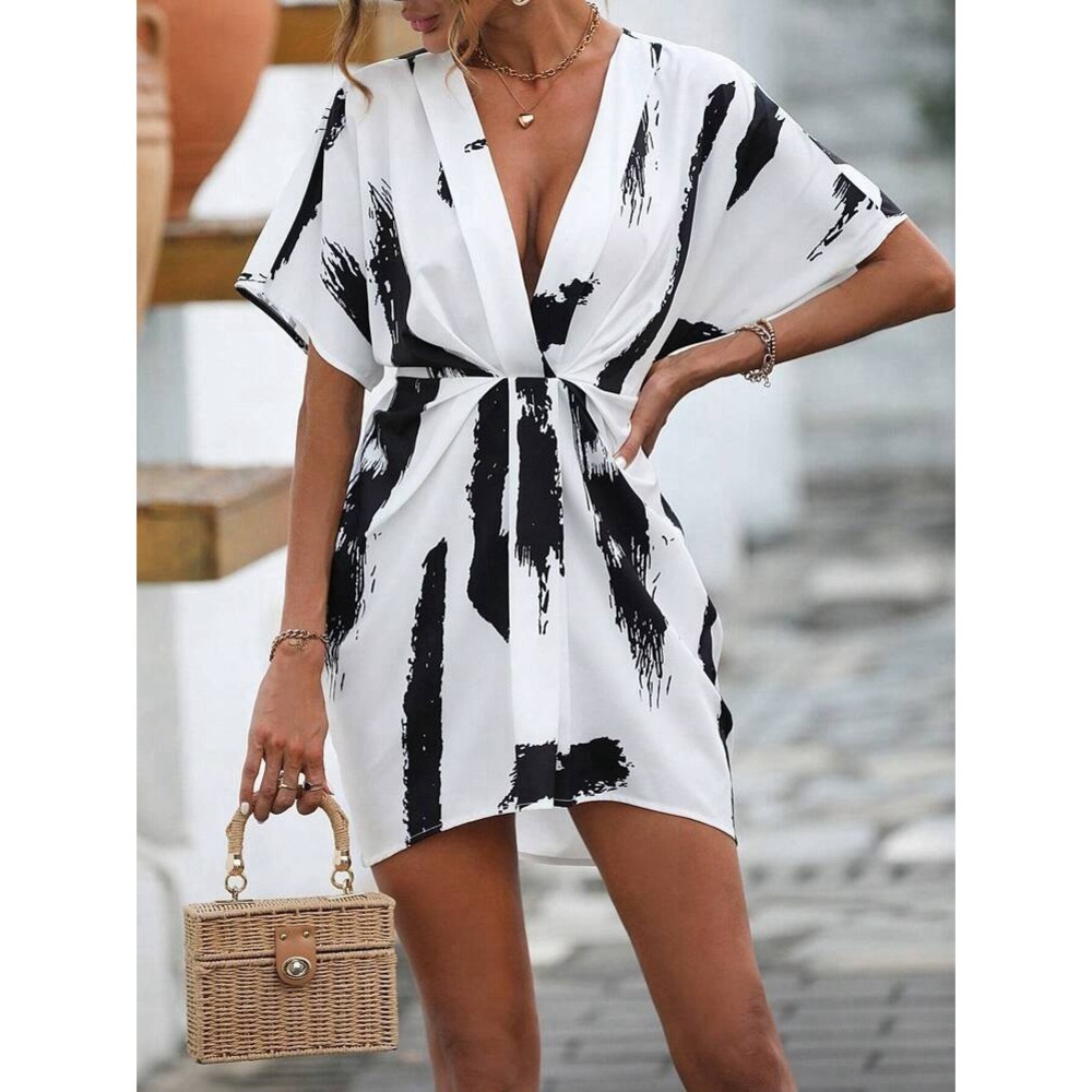 Women's Brush Stroke Bat Wing Sleeve Flowy Dress Size Large